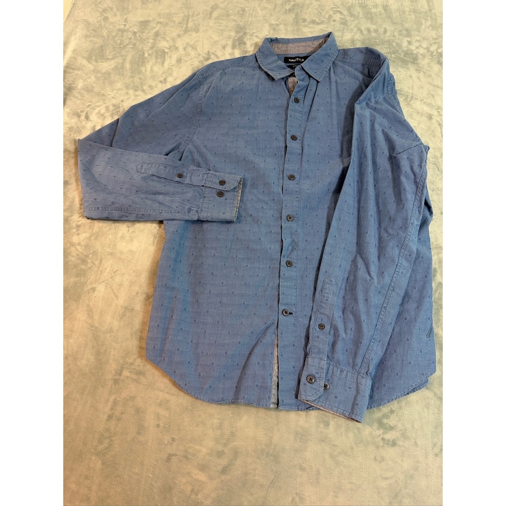 Nautica Mens Blue Slim Fit Long Sleeve Button Down Shirt Micro Print Size Medium